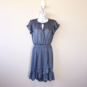 Banana Republic Silky Bow Detail Ruffle Trim Dress Blue Knee Length Size 6